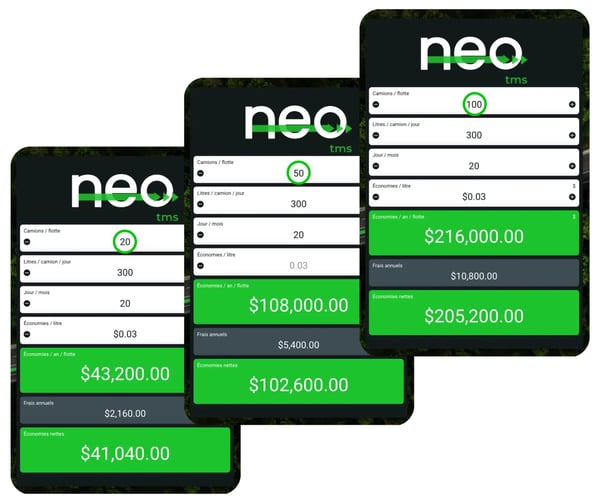 Écrans de calculateur d’économies de Neo Énergie affichant des simulations de coûts selon la flotte de camions, illustrant comment Neo TMS aide à réduire les dépenses en diesel et optimiser les coûts de transport routier. Écrans de calculateur d’économies de Neo Énergie affichant des simulations de coûts selon la flotte de camions, illustrant comment Neo TMS aide à réduire les dépenses en diesel et optimiser les coûts de transport routier.