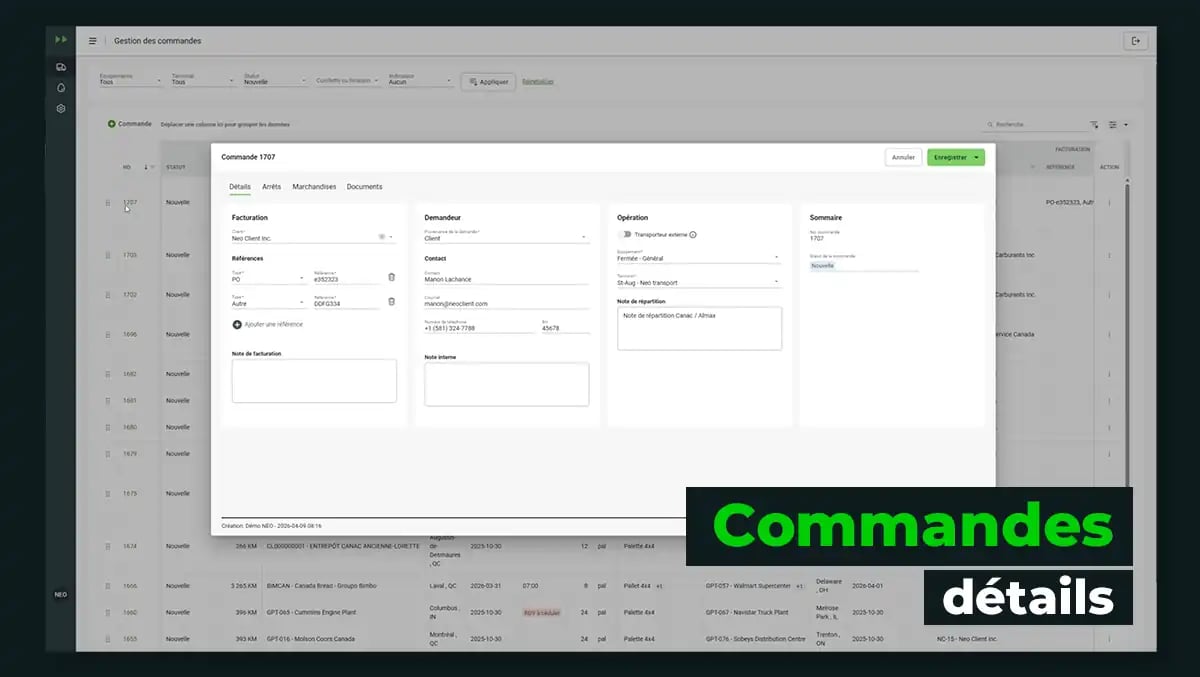 Interface Neo TMS affichant le détail d'une commande avec les sections facturation, demandeur et opération.