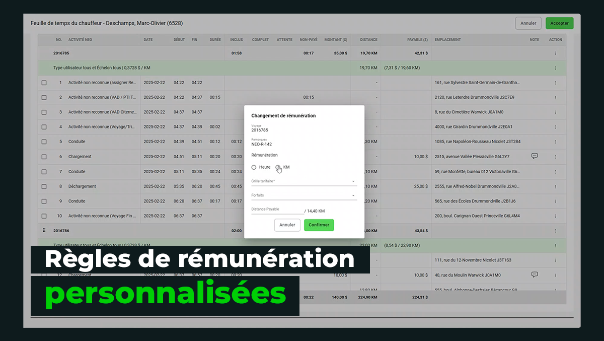 Capture d'écran du module Paie des chauffeurs de Neo TMS présentant la fenêtre de configuration du mode de rémunération des chauffeurs sur un écran d'ordinateur