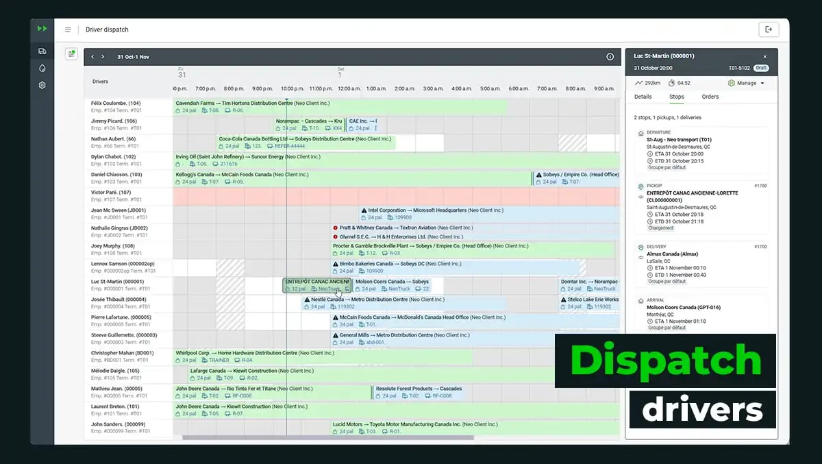 Neo TMS dispatch calendar with driver list, time slots, and assigned trip details panel.