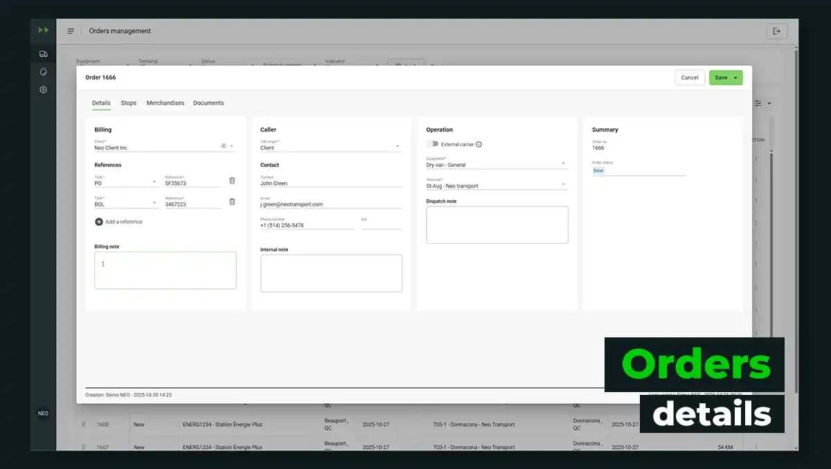 Neo TMS interface showing order details with billing, caller, and operation sections.