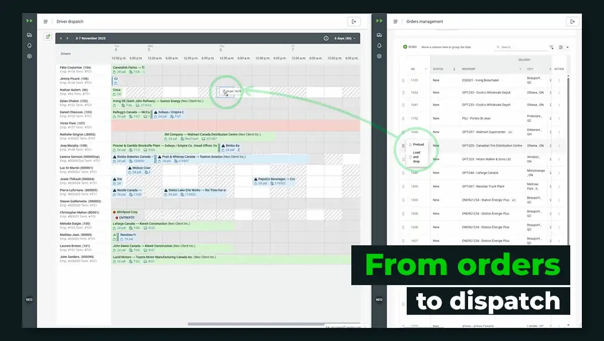 Neo TMS interface showing drag-and-drop order transfer from order list to dispatch calendar.