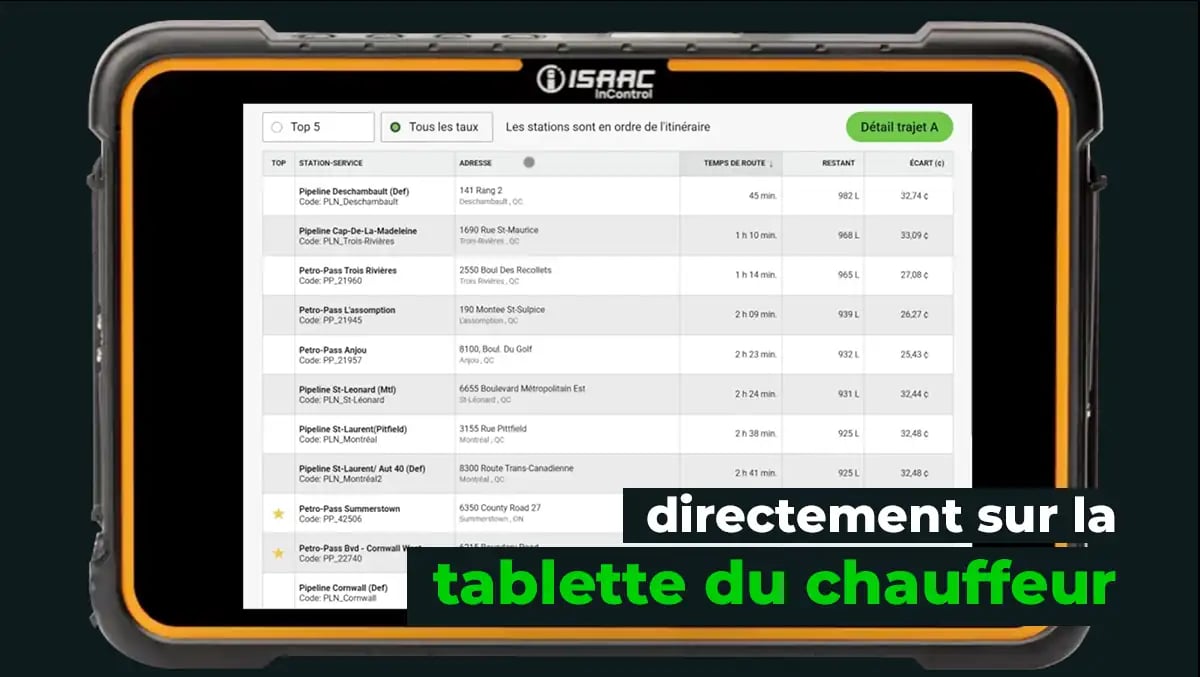 Capture d'écran de Neo Fuel affichant la liste des stations et prix du diesel sur l'itinéraire du chauffeur, vue tablette.