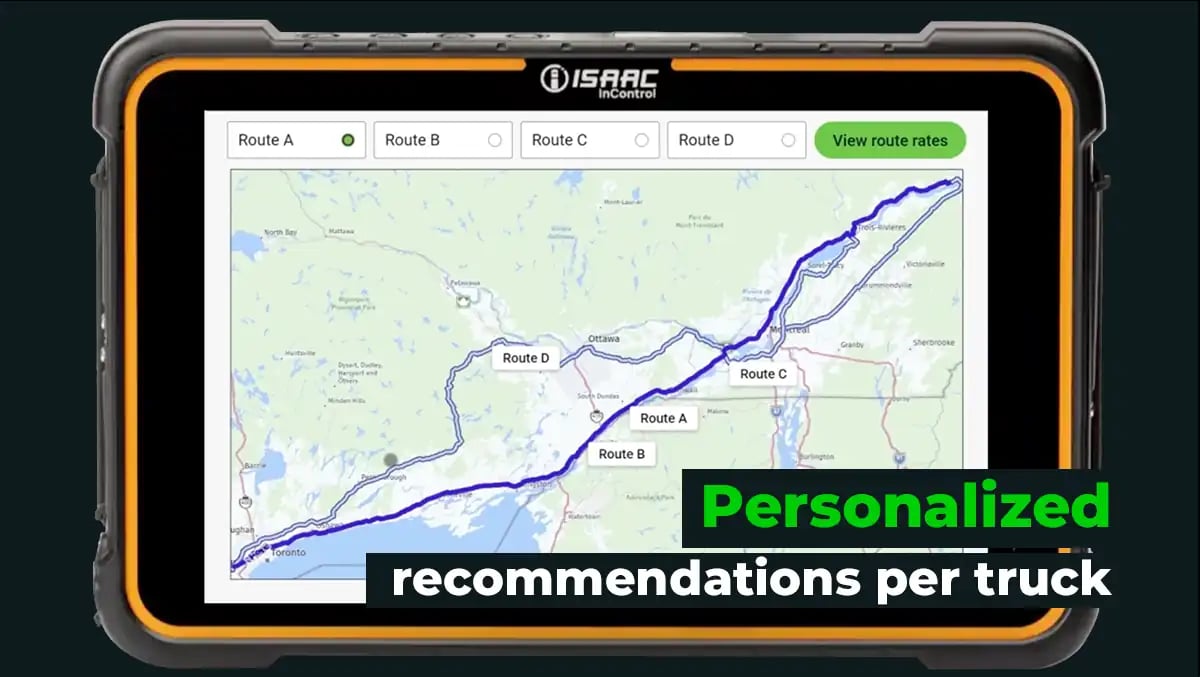 Capture d'écran de Neo Fuel affichant une carte avec les recommandations personnalisées de stations de carburant selon le trajet du camion.